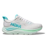 Women's Hoka Clifton 10 running shoes in white with Celio Blue accents, showcasing breathable mesh upper and cushioned sole.