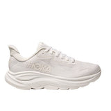 Women's Hoka Clifton 10 wide running shoes in white, featuring a lightweight design and cushioned sole for comfort.