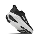 Women's Hoka Clifton 11 running shoes in black and white, showing the right shoe with breathable mesh upper and cushioned sole.