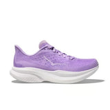 Women's Hoka Mach 6 B-width running shoes in white with a floral Aster pattern, designed for comfort and performance.