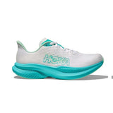 Women's Hoka Mach 6 B-width running shoes in white and cielo blue with breathable mesh and cushioned soles.