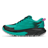 Women's Hoka Mafate 5 trail running shoes in black and electric aqua, showing the left shoe with breathable mesh and rugged outsole.