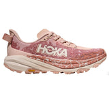 Women's Hoka Speedgoat 6 trail running shoes in Rose Latte color, featuring B-width for a comfortable fit and durable outsole.