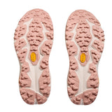 Women's Hoka Speedgoat 6 trail running shoes in Rose Latte with black soles, B-width, showing the back view.