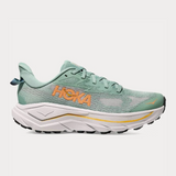 Women's Hoka Challenger 8 running shoes in jade, cosmos, and grey with B-width for comfortable fit.