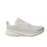 Youth Hoka Clifton 9 running shoes in white frost color, featuring lightweight design and cushioned sole for comfort.
