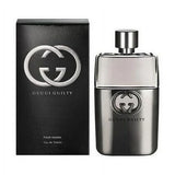 Gucci Guilty Pour Homme 3 oz Eau De Toilette spray featuring the sleek cologne bottle with a dark, stylish design.