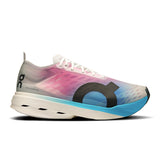 Men's On Cloudboom Strike road running shoes in black with orange accents, featuring lightweight design and cushioned soles.
