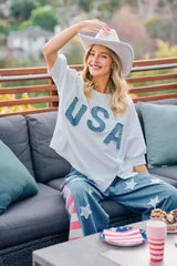 BiBi 4th of July USA letter patchwork French terry top with patriotic design and casual fit, styled for festive celebrations.