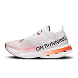 Women's On Cloudboom Strike road running shoes featuring a sleek white and black design with supportive cushioning.