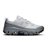 Men's On Cloudrock Low Waterproof hiking shoes with durable black uppers and rugged outsole for outdoor adventures.