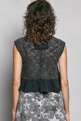 Polished Trendsi round neck lace sleeveless top with double gauze ruffle, showcasing delicate lace details and soft fabric.