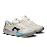 On THE ROGER Pro 3 women's tennis shoes with white and pink accents, featuring breathable mesh and supportive rubber sole.