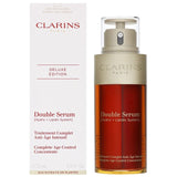 Clarins Double Serum Complete Age Control anti-aging face serum in 75ml bottle, featuring a sleek pump dispenser and elegant packaging.