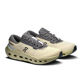 Women's On Cloudrunner 3 Waterproof road running shoes in gray and white, featuring cushioned soles and waterproof design.