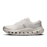 Women's On Cloudrunner 3 road running shoes in gray and white with cushioned soles and breathable mesh uppers.