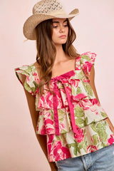 BiBi floral print woven bow tie ruffle square neck top by Trendsi, featuring a feminine floral pattern and ruffle details.