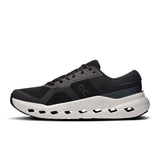 Men's On Cloudrunner 3 road running shoes in black with white accents, featuring a sleek design and cushioned sole for comfortable running.