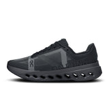Men's On Cloudsurfer Next road running shoes in black and gray, showcasing the lightweight design and breathable mesh upper.