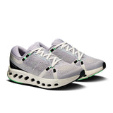 Women's On Cloudsurfer 2 road running shoes with grey and white design, featuring cushioned soles and breathable mesh uppers.