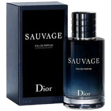 Dior Sauvage Eau de Parfum spray for men in 3.4 fl oz bottle, featuring sleek packaging and dark fragrance liquid.