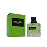 Valentino Donna Born in Roma green perfume bottle with sleek design and Valentino branding on the label.