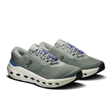 Men's On Cloudrunner 3 road running shoes in gray and blue with cushioned soles, designed for comfort and performance.