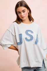BiBi 4th of July USA letter patchwork French Terry top with patriotic design and colorful patch accents.