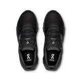 Men's On Cloudrock Low Waterproof hiking shoe in black with rugged outsole and waterproof upper for outdoor adventures.