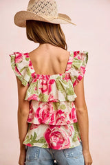 BiBi floral print woven bow tie ruffle square neck top by Trendsi, featuring a feminine floral pattern and ruffle details