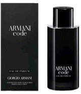 Giorgio Armani Code Eau de Parfum for Men, 4.2 oz, elegant fragrance bottle with sleek black design and silver accents.