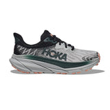 Hoka Challenger ATR 7 women's trail running shoes in Harbour Mist Spruce color with B-width, featuring supportive design and rugged outsole.