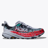 Women's Hoka Speedgoat 6 trail running shoes in Gull Stormy Skies color, showcasing the lightweight design and rugged outsole.