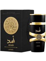 Lattafa Asad Eau De Parfum for Men in 100ml bottle, featuring a stylish fragrance design and branding from Bloomvera.