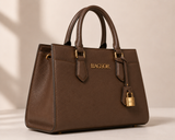 Brown Bagsor structured handbag with double handles, featuring a sleek design and spacious interior for everyday use.