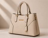 Cream structured handbag with double handles by Bagsor, featuring a sleek design and sturdy build.