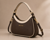Brown and cream two-tone handbag with adjustable strap from Bagsor, showcasing its stylish design and spacious interior.