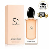 Giorgio Armani Sì Eau de Parfum 100ml fragrance bottle displayed in a sleek, elegant design with a gold cap.
