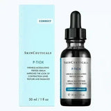 Skinceuticals P-Tiox wrinkle-modulating peptide serum in a sealed 1 oz container, designed to reduce wrinkles and improve skin texture.