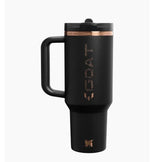 Stanley x Messi GOAT Quencher ProTour flip straw tumbler 40 oz (1.18L) in black with logo, designed for hot and cold beverages.