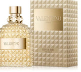 Valentino Uomo Born in Roma The Gold Eau de Toilette 3.4 oz fragrance bottle with gold accents, showcasing luxurious packaging.