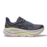 Women's Hoka Bondi 9 running shoes in charcoal gray with grey skies design, featuring a comfortable B-width fit and supportive cushioning.