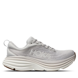 Men's Hoka Bondi 8 running shoes in Nimbus Cloud and Lunar Rock colors, featuring a supportive D-width design.